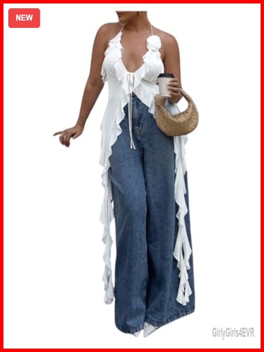 Fringe Flower Halter Crop Top Ruffle Tie Front Sleeveless Backless